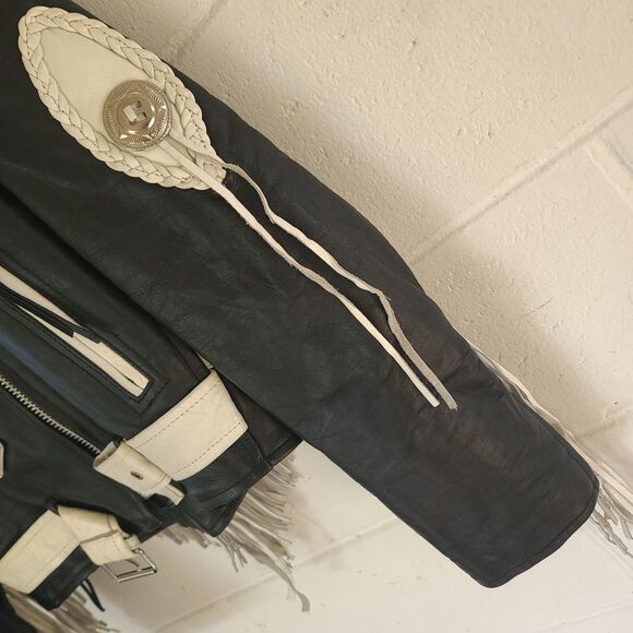 VTG Leather King Black & White Fringe Moto Jacket Braided Western Biker Women XL - Picture 7 of 16